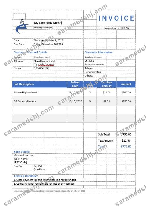 Computer Repair Invoice Template